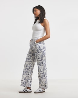 Blue Floral Printed Denim Wide Leg Jeans