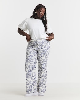 Blue Floral Printed Denim Wide Leg Jeans