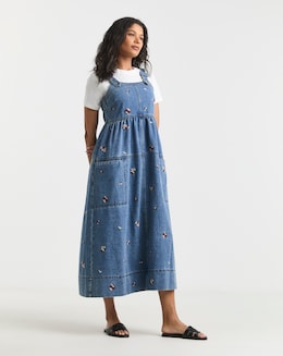 Mid Blue Floral Embroidered Denim Apron Dress