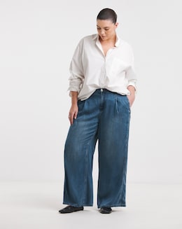Mid Blue Draped Lyocell Denim Wide Leg Jeans