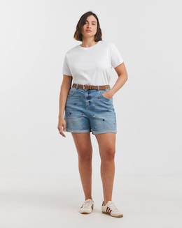 Fruit Salad Embroidered Roll Hem Mom Short