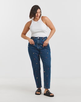Indigo Fruit Salad Embroidered Mom Jeans