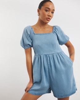 Mid Light Wash Lyocell Puff Sleeve Romper