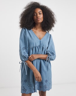 Mid Wash Cut Work Mini Denim Smock Dress