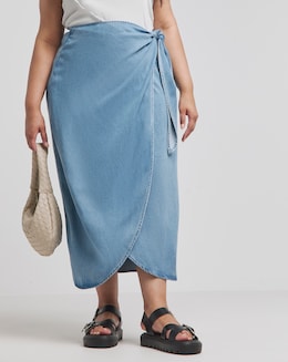 Mid Wash Denim Wrap Midi Skirt with Tencel TM Lyocell