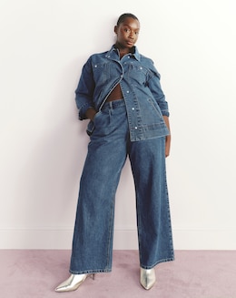 Mid Blue Pleat Detail Wide Leg Jeans