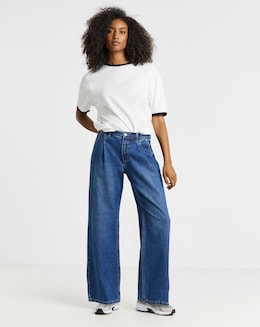 Simply Be Mid Blue Pleat Detail Wide Leg Jeans