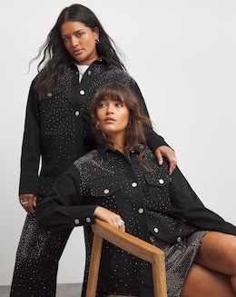 Black Embellished Oversized Denim Shirt