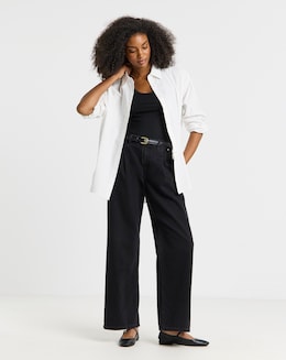 Washed Black Pleat Detail Wide Leg Jeans
