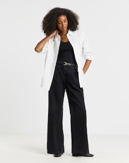 Washed Black Pleat Detail Wide Leg Jeans