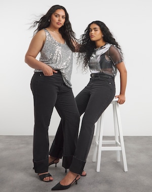 Black Turn Up Hem Straight Leg Jeans - Image 1