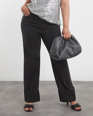 Black Turn Up Hem Straight Leg Jeans - Image 4