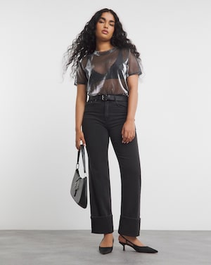 Black Turn Up Hem Straight Leg Jeans - Image 3