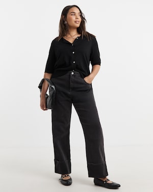 Black Turn Up Hem Straight Leg Jeans - Image 2