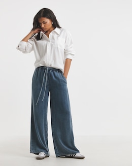Light Wash Denim Lyocell Tie Front Palazzo Jeans