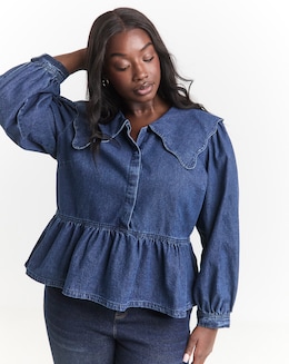 Mid Blue Denim Scalloped Collar Peplum Blouse