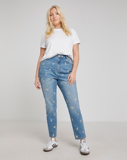 Mid Blue Fruit Embroidered Slim Mom Jeans
