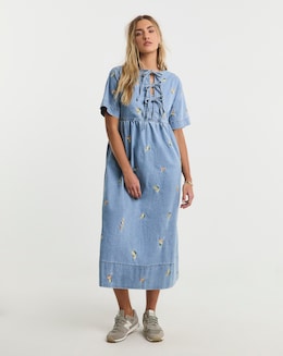 Mid Blue Fruit Embroidered Denim Tie Front Midaxi Dress