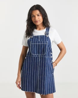 Blue Striped Denim Dungaree Mini Dress