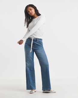 Vintage Mid Blue Tie Front Wide Leg Jeans