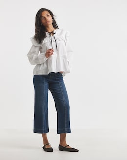 Mid Blue Cropped Wide Leg Pintuck Jeans