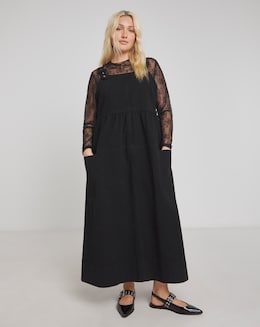 Black Covered Buckle Denim Dungaree Midaxi Dress