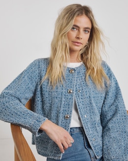 Light Mid Blue Linear Distressed Denim Shacket