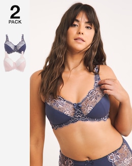 Pretty Secrets 2 Pack Ella Lace Non Wired Full Cup Bras B-H - Navy/Pink