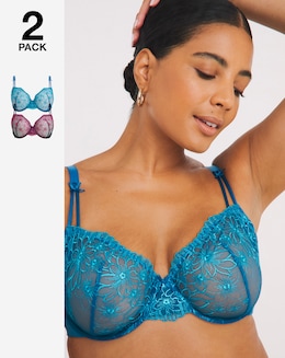 Pretty Secrets 2 Pack Emily Everyday Embroidery Bras B-F - Navy/Blue