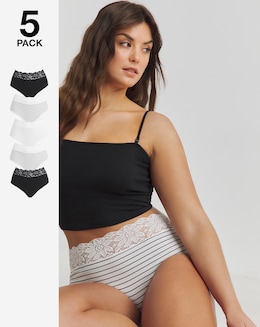 Pretty Secrets 5 Pack Lace Top Full Brief Knickers - Mono Stripe