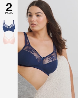 Pretty Secrets 2 Pack Cotton Lace Non Wired Full Cup Bras B-G Navy/Blush