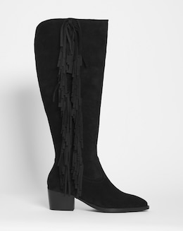 Flora Suede Fringe Knee High Western Cowboy Boots Ex Wide Fit Standard Calf