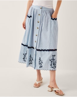 Monsoon Cara Embroidered Stripe Midi Skirt