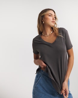 Acid Wash Longline Tunic Side Split V Neck Tee