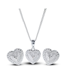 Sterling Silver Diamond Heart Earring &amp; Pendant set