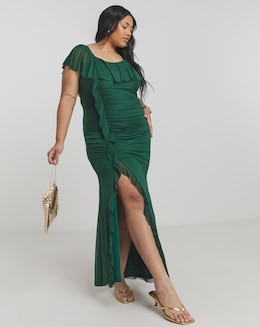 Flounce London Green Ruched Mesh Maxi Dress