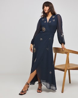 Hope &amp; Ivy Kai Navy Embroidered Wrap Dress