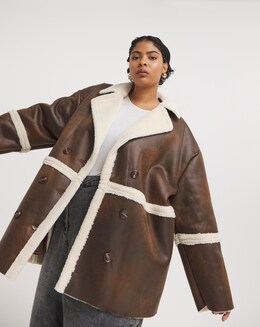 Native Youth Faux Shearling and vintage Look Vegan Leather Double Breasted Coat