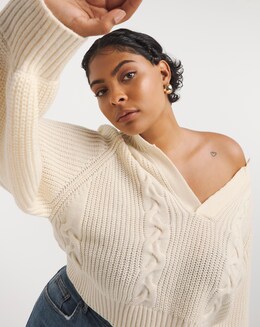 Native Youth Blouson Sleeve V Neck Cable Knit