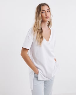 White Oversized Exposed Seam V Neck T-Shirt