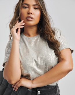 Simply Be Grey Marl &amp; Silver Distressed Metallic Rib T-Shirt