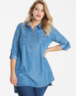 Petite Mid Blue Zip Front Soft Lyocell Denim Tunic