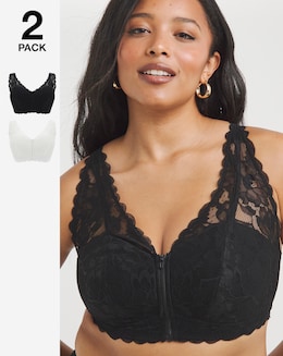 2 Pack Zip Front Lace Trim Comfort Bras A-D