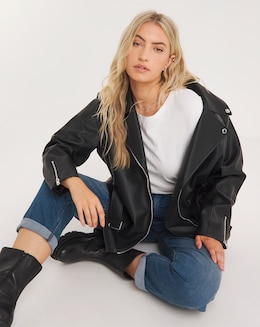 Black Tie Waist Longline PU Biker