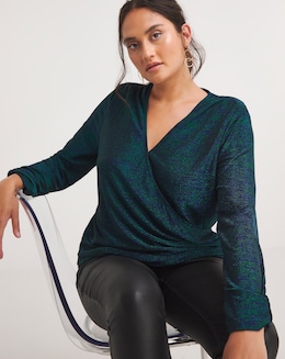 Joanna Hope Green/Blue Glitter Knit Wrap Top