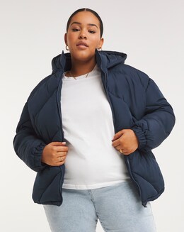 Navy Chevron Padded Short Coat