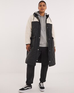 Black Quilted Shearling Hooded Maxi Coat