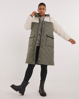 Khaki Quilted Shearling Hooded Maxi Coat