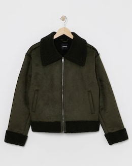 Khaki Zip Through Suedette Aviator - Image