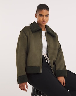 Khaki Zip Through Suedette Aviator